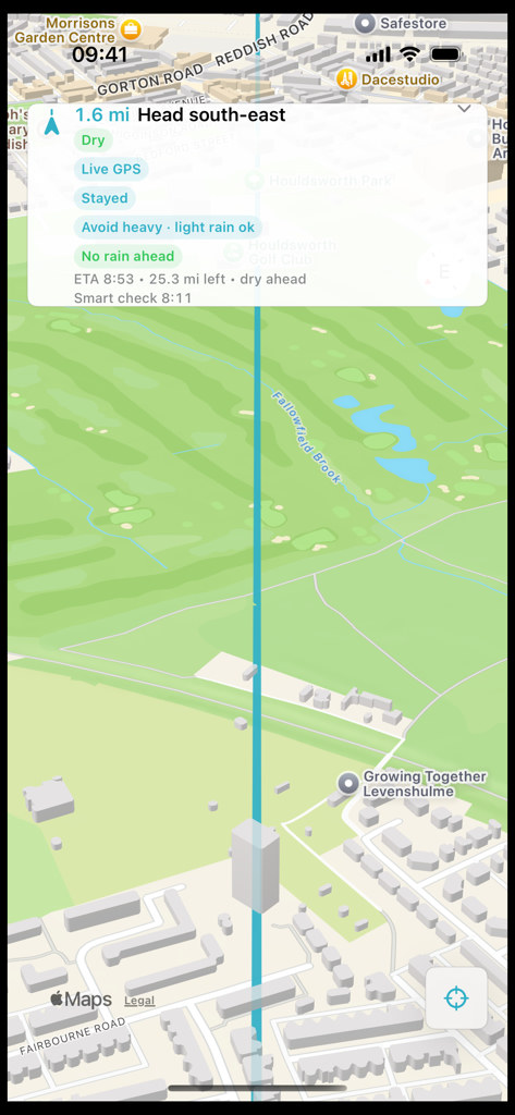 DryRide compact guidance showing head south-east, Dry, Live GPS, and no rain ahead.