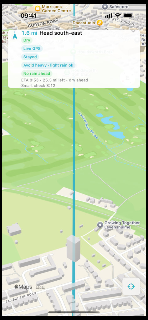 DryRide live navigation with dry ahead, smart check timing, and stayed on route.