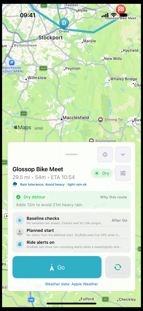 DryRide planned route sheet for Glossop Bike Meet with dry detour and Go button.