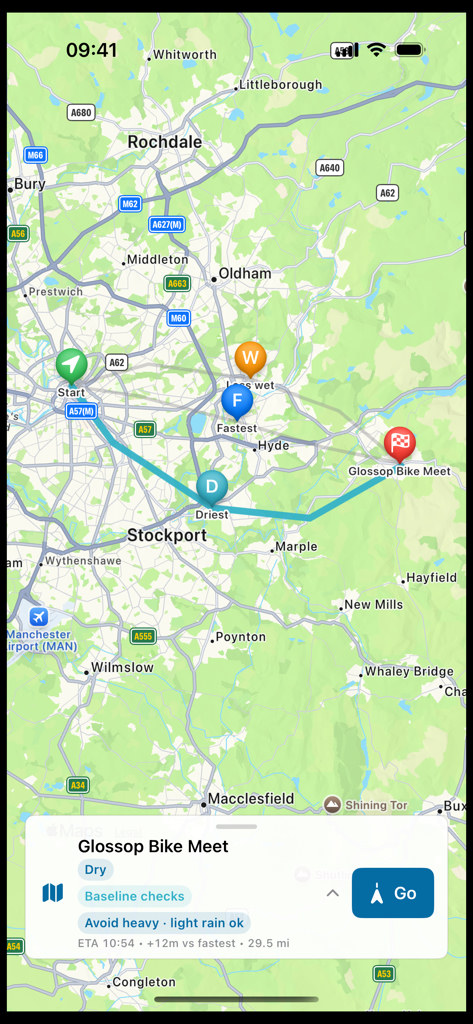 DryRide iPhone map comparing Start, wet, Fastest, and Driest routes to Glossop Bike Meet.